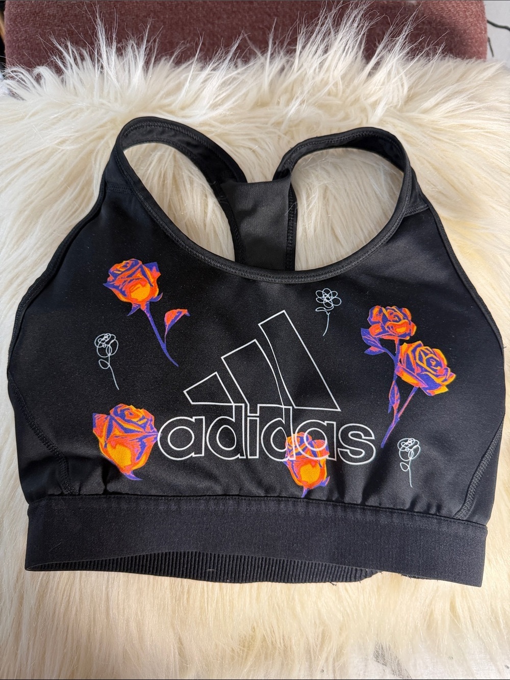 adidas Black Sports Bra with Orange-Purple Rose Print - Picture 1 of 4